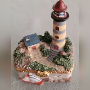 Hinged Trinket Box Porcelain  Lighthouse Seagulls Nautical Marine Gold